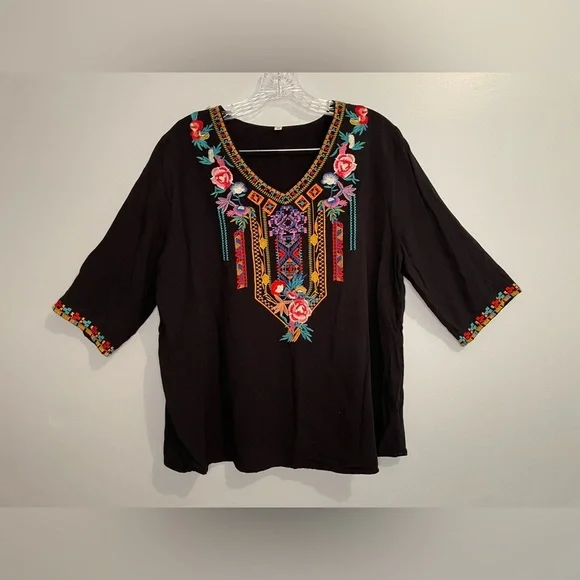 Embroidered Colorful Bold Floral Women's Blouse Shirt Black V-Neck Southwestern - Picture 8 of 16